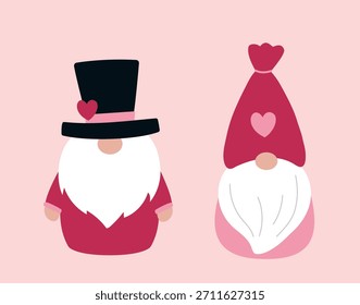 Dia dos Namorados gnomos conjunto de ilustração vetor plano.
Genomas engraçados celebram o desenho do Dia dos Namorados.
Bonito elfos barbudos clipart.