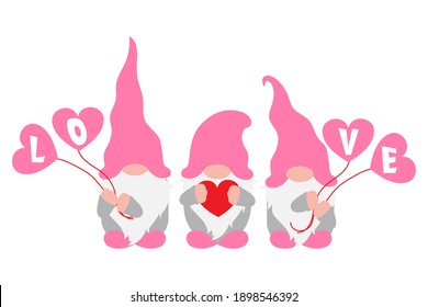 Valentine's Day Gnomes with hearts in  hands, Scandinavian gnomes, vector illustration for love, engagement, wedding, Valentine's day gift, invitation, party card, isolated without background