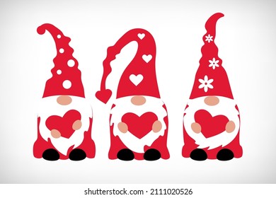 Valentine's day Gnomes set on white background. Scandinavian Nordic Gnome collection. Valentine red dwarf with heart. T shirt design, print, mug. Vector illustration.