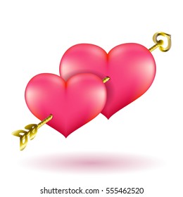 Valentine's day gold arrow and hearts. Vector clip art illustration.