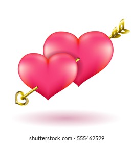 Valentine's day gold arrow and hearts. Vector clip art illustration.