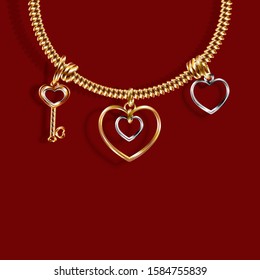 Valentine's Day. Gold bracelet with three charms Charm in the shape of a Key, a heart of white and yellow gold. 3D with shadow. Vector illustration