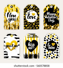 Valentines Day Gold Gift Labels. Vector Illustration of 80s Style Shop Tag Design with Handwritten Lettering.