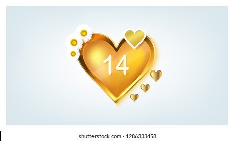 Valentine`s Day. Gold heart logo with number. 14 february. Golden color. Realistic flowers. 3d. Chamomile.
Illustration can be used in the brochures,postcards, tickets,lables.
Invitation or ticket.