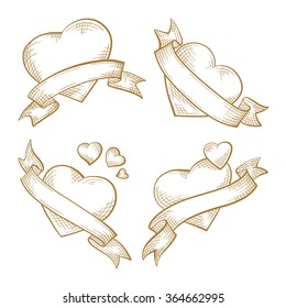 Valentine's Day gold hearts vector sketches set 