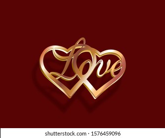 Valentine's Day. Gold pendant in the form of two hearts with the inscription love. 3D with shadow. Vector illustration