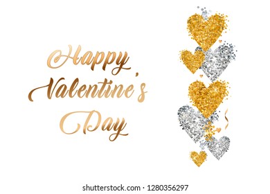 Valentines Day gold text in frame on advertising poster announcement with golden heart balloons on white background. Vector illustration