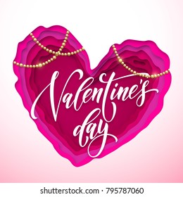 Valentines Day golden greeting text card and Valentine heart papercut modern vector card design. Valentines Day heart paper cut on white background with gold beads for 14 February love holiday