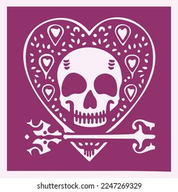 Valentines day goth skull vector drawing. Block print of low brow heart skeleton in viva magenta. 