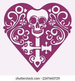 Valentines day goth skull vector drawing. Block print of low brow heart skeleton in viva magenta. 