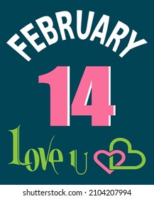 Dibujo gráfico del día de San Valentín, vector, texto y número 14 en un fondo azul oscuro. 