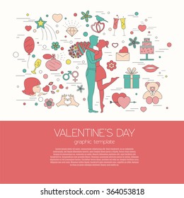 Valentine's day graphic elements with hearts, arrows, champagne, gifts, flowers, bird, diamonds. Vector illustration