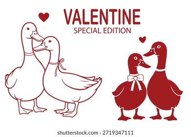 Gráfico do Dia dos Namorados com dois pares de patos trocando afeição, com texto vermelho em negrito e símbolos cardíacos em um fundo branco.