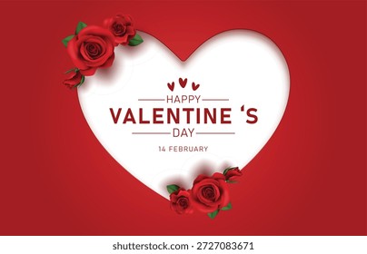 A Valentine's Day graphic featuring a white heart with red roses on a red background and text that reads Happy Valentine's Day 14 February