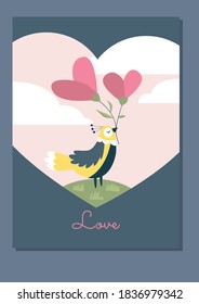 Valentines day graphics. Cute bird with flowers and lettering. Love. Postcard. Vector.