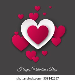 Valentines day gray  background with pink  and white cut paper hearts.  Vector  illustration for  party invitation  flyer, banners,  greeting postcard, save the date card templates.