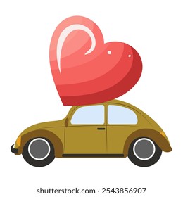 For Valentine's Day, a green car rushes to deliver a big red heart. Vector.