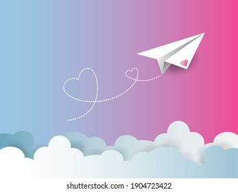 Valentine's day greetin card,background. Flying paper airplane with dotted air route in heart. Hearted airplane path, flight air trace ,White plane with a clouds on a pink background.vector in EPS 10.