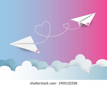 Valentine's day greetin card,background. Flying paper airplane with dotted air route in heart. Love concept,flight air trace .White plane with a clouds on a pink background.vector in EPS 10.