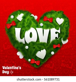 Valentines day greeting background with green heart from fir branches ribbon bows and baubles isolated vector illustration