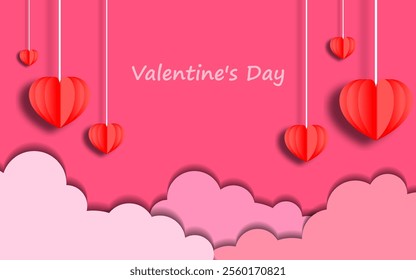 Valentines day greeting background in paper cut realistic style. Paper clouds, flying realistic hearts on a string. vector illustration