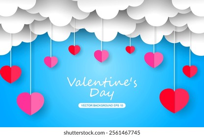 Valentines day greeting background in paper cut realistic style. Paper clouds, flying realistic hearts on a string. vector illustration
