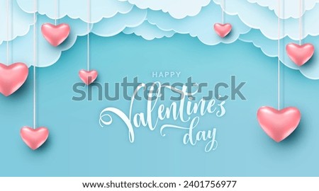 Valentines day greeting background in papercut realistic style. Abstract heart, love vector illustration. Blue paper clouds, flying realistic pink hearts hanging on string. Text sign on copy space.