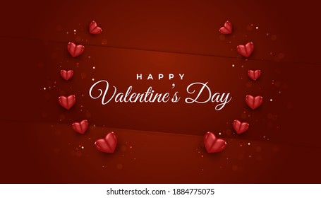 Valentine's Day greeting banner with 3d red heart ornament and glowing light on red paper background. Holiday gift card. Romantic background with 3d decorative objects. Vector illustration