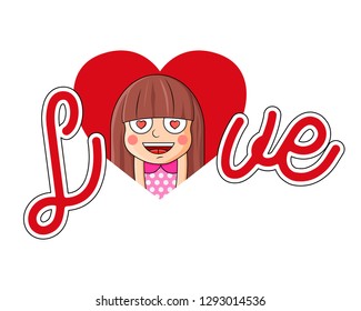Valentines Day Greeting Banner.  Big Letters Love. Valentine card cute little girl in love. Romantic vector illustration. Vector. Isolated on white background. Vector illustration in a cartoon style. 