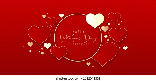 Valentine's day greeting banner design. Elegant red and gold heart shape elements with gold circle frame on red background. Romantic hearts pattern with space for your text. Luxury style vector