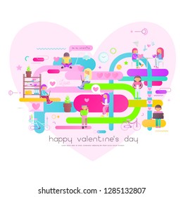 Valentines Day Greeting Banner. Love Concept - Young People Send Valentine Сards Each Other. Lovers on Colorful Background with Heart. Square Format. Vector Illustration. 