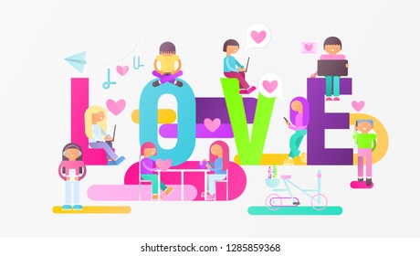 Valentines Day Greeting Banner. Love Concept – Boys and Girls Send Valentine Сards Each Other. Lovers near Big Letters Love. Vector Illustration. Trendy Colors. Design for Valentine's Festival.