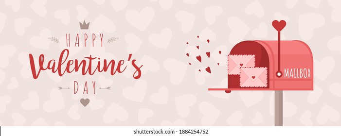 Valentines day greeting banner. Mailbox with love letters. Cute design concept for 14 february. Vector illustration in flat cartoon style.