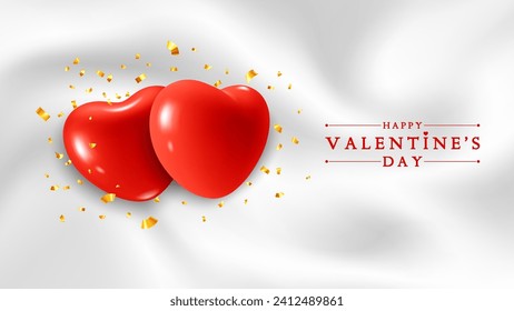 Valentines day greeting banner on a white fluid waves or white silk textile background with golden glitters. Love symbol - two realistic 3d red hearts together. Vector illustration