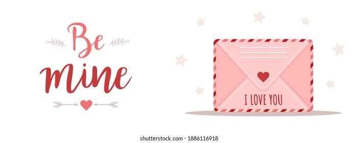 Valentines day greeting banner. Pink envelope set in cartoon style. Mail with love message. I love you. Be mine. Cute design concept for 14 february. Vector illustration in flat cartoon style.