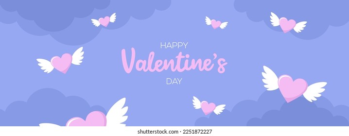 Valentine's day greeting banner. Pink flying hearts with wings, greeting text and clouds and on a purple background. Flat vector illustration