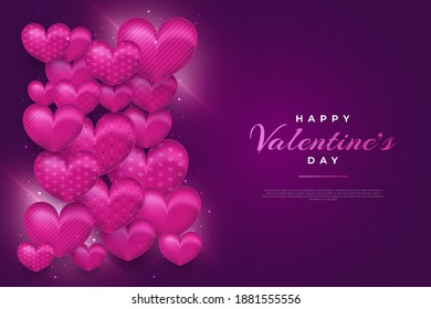 Valentine's Day greeting banner or poster with 3d hearts on purple background. Holiday gift card. Romantic background with 3d decorative objects. Vector illustration