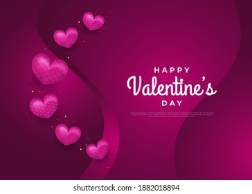 Valentine's day greeting banner with realistic hearts and sparkling light on purple background. Holiday gift card. Romantic background with 3d decorative objects. Vector illustration