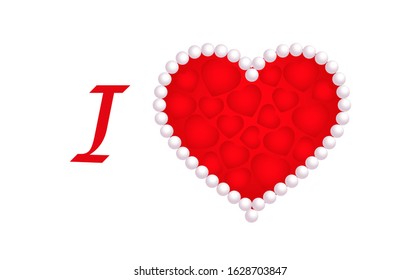 Valentines day, greeting banner, red hearts in a frame of pearls in the shape of a heart, inscription - I Love, 14 February, calendar date, isolated on white background. Vector illustration