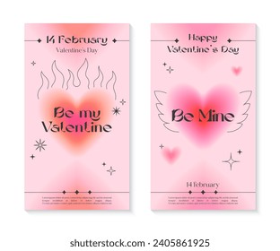 Valentines Day greeting banner templates in 90s style.Romantic vector illustrations in y2k aesthetic with linear shapes,blurred hearts,sparkles.Modern designs for smm,invitations,prints,promo offers.