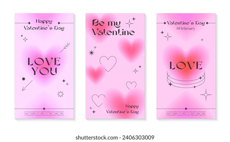 Valentines Day greeting banner templates in 90s style.Romantic vector illustrations in y2k aesthetic with linear shapes,blurred hearts,sparkles.Modern designs for smm,invitations,prints,promo offers.