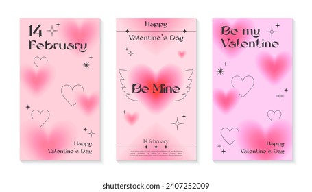 Valentines Day greeting banner templates in 90s style.Romantic vector illustrations in y2k aesthetic with linear shapes,blurred hearts,sparkles.Modern designs for smm,invitations,prints,promo offers.