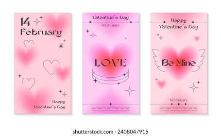 Valentines Day greeting banner templates in 90s style.Romantic vector illustrations in y2k aesthetic with linear shapes,blurred hearts,sparkles.Modern designs for smm,invitations,prints,promo offers.