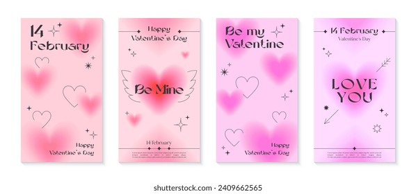 Valentinstag Grußbanner Vorlagen im Stil der 90er Jahre.Romantische Vektorgrafiken in y2k Ästhetik mit linearen Formen, unscharfen Herzen, Funkeln.Moderne Designs für smm,Einladungen, Drucke,Promo Angebote.