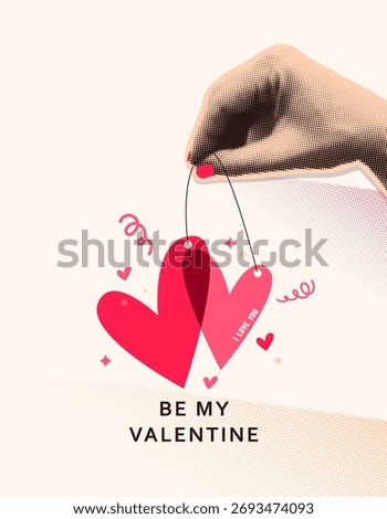 Valentines day greeting banner vector background. Illustration with cut out paper hand, hearts, greeting text. Retro collage concept in simple modern style. Be my valentine sign.