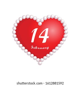 Valentine's day greeting card, 14 February, calendar date on red heart in white pearls, isolated on white background, design element. Vector illustration