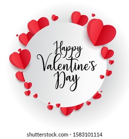 Valentine's Day greeting card. 14th of february. Happy Valentines Day Lettering with cut paper hearts on white background. poster, brochure, flyer, banner vector illustration.