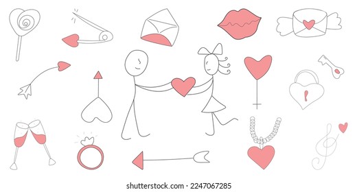Valentines day greeting card. 2000s.Retro y2k style.Cartoon style. Retro elements.Retro style Valentine's day. Doodle valentine's set in y2k style.