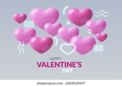 Valentine's Day greeting card with 3D pink hearts and neon abstract decorations. Modern three dimensional holiday banner design for February 14. Vector illustration.