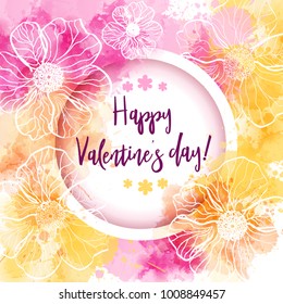 Valentine's day greeting card with abstract watercolor florals and calligraphy text message.